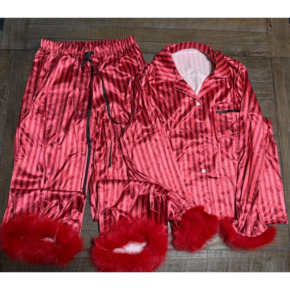 Unbranded Pajama Set Womens Medium Red Striped Satin Faux Fur Trim New
